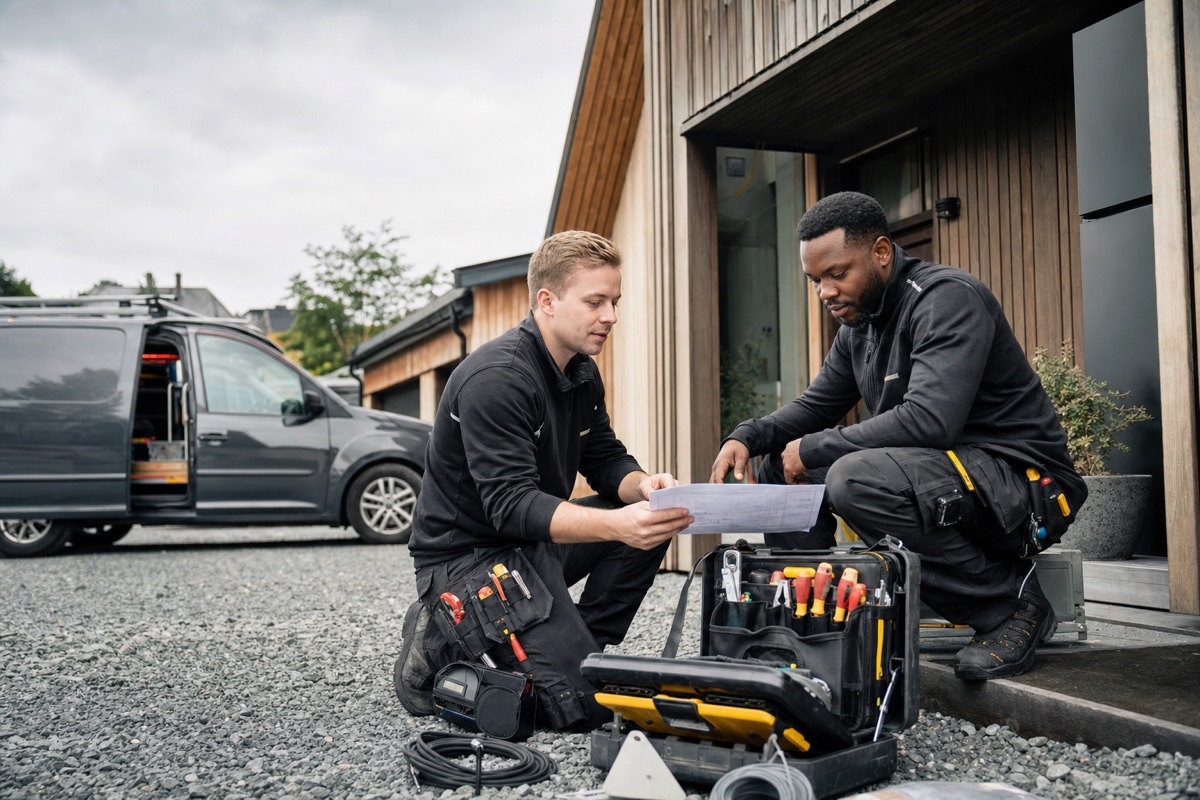 Elektrikerteam forbereder et kundeoppdrag